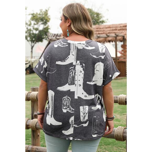 Gray Western Boots Print Crew Neck Short Sleeve Top Sizes: 1X  3X New - Picture 6 of 9